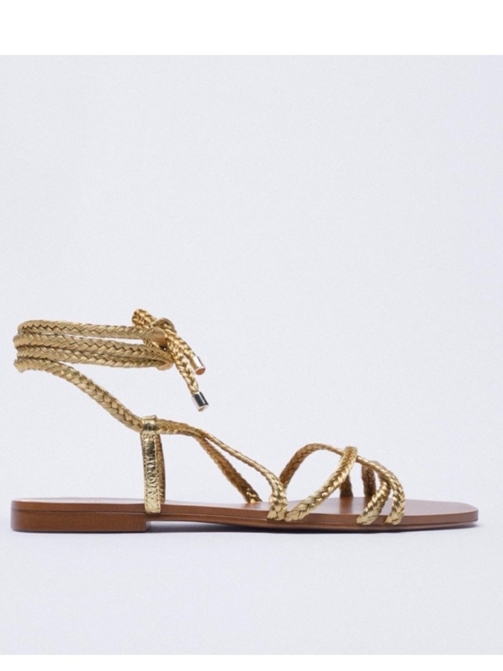 Zara Gold Braided Lace-Up Flat Sandals - Picture 2 of 7